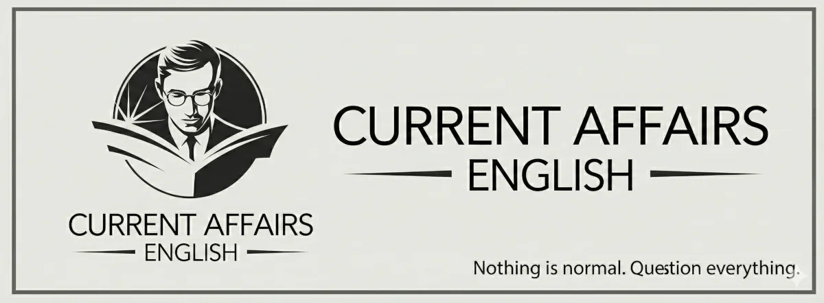 Current Affairs English logo with tagline 'Nothing is normal. Question everything.' encouraging critical thinking in language learning