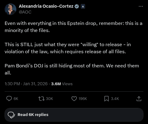 Screenshot of X post: Ongoing Epstein Files Situation Pt. 1