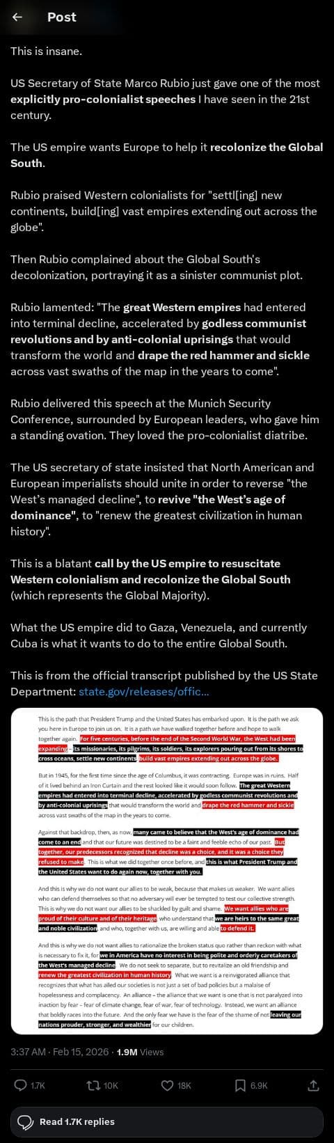 Screenshot of X post: Rubio's Pro-Colonialist Speech at Munich: A Call to Recolonize the Global South?