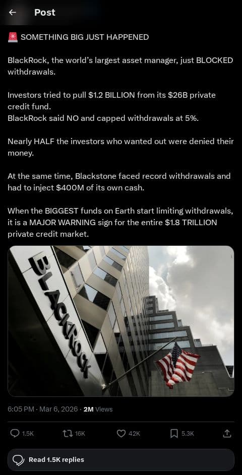 Screenshot of X post: BlackRock Blocks Withdrawals: A Warning Sign for the Private Credit Market