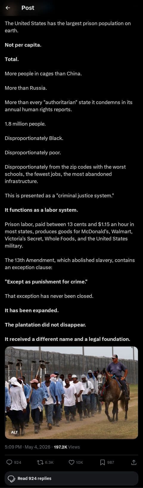 Screenshot of X post: The Plantation Never Disappeared — It Just Changed Its Name