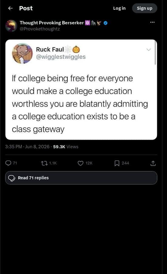 Screenshot of X post: College: Engine of Knowledge or Machine for Class?