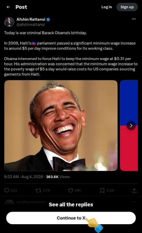 Screenshot of X post: Obama, Haiti and Enforced Poverty for US Gain