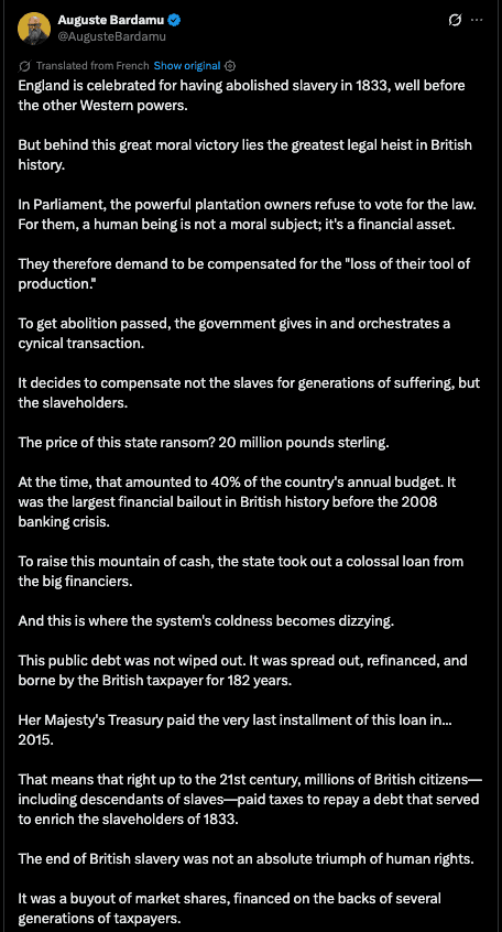 Screenshot of X post: England's Abolition of Slavery: A Moral Victory or a Financial Heist?