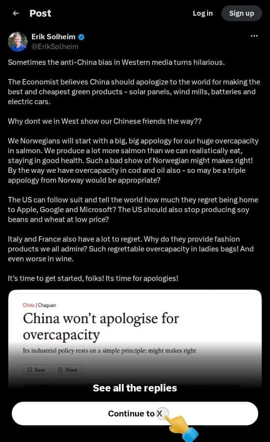 Screenshot of X post: Breaking: France Asked to Apologise for Wine, Italy for Handbags, China for Cheap Solar Panels