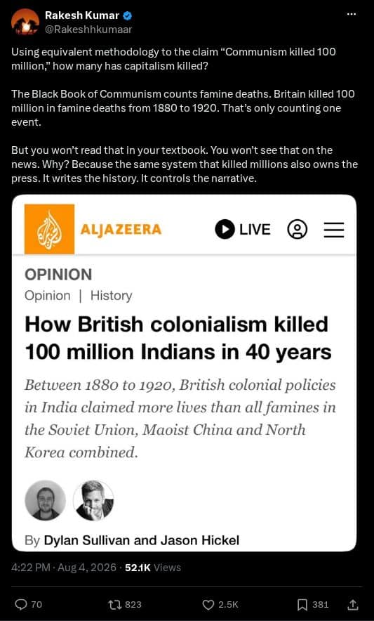 Screenshot of X post: Did Capitalism Kill Too? Unpacking a Viral Historical Claim