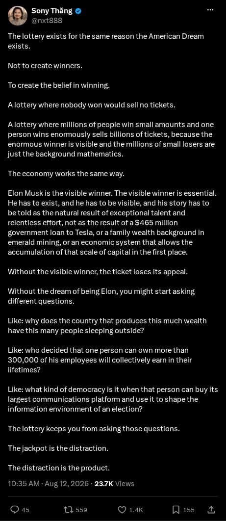 Screenshot of X post: The Lottery and the Dream