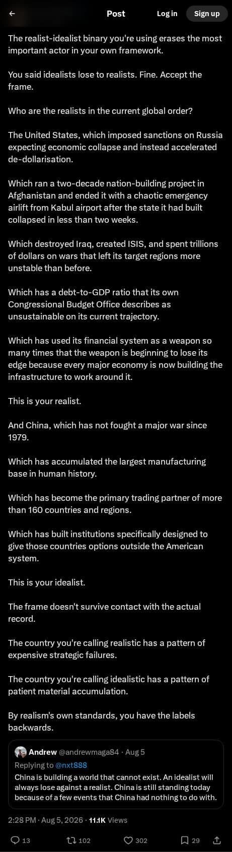 Screenshot of X post: Who Are the Real Realists?